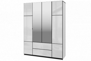 Шкаф 4-х дверный Палермо 02 с ящиками и зеркалом Белый гладкий шелк/Черный гладкий шелк в Лесном - lesnoy.mebel-74.com | фото